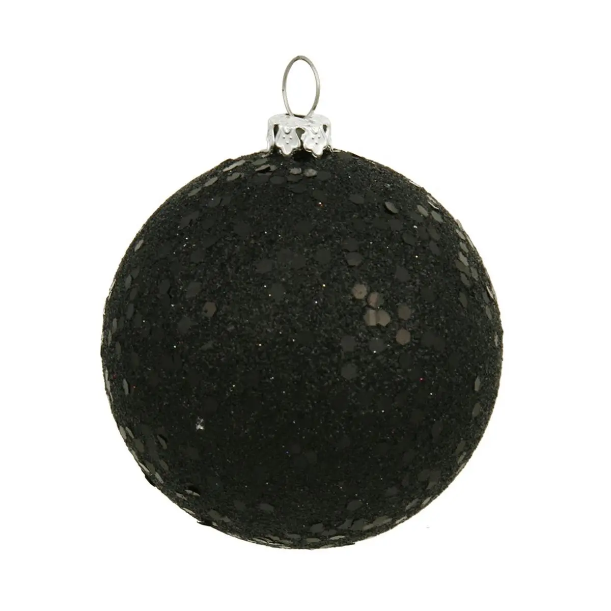 212 MAIN 4 in. Black Sequin Finish Round Ball Christmas Ornament - 6 per Bag, Plastic Festive Decor for Holiday Decorating, Home Decor Ornament