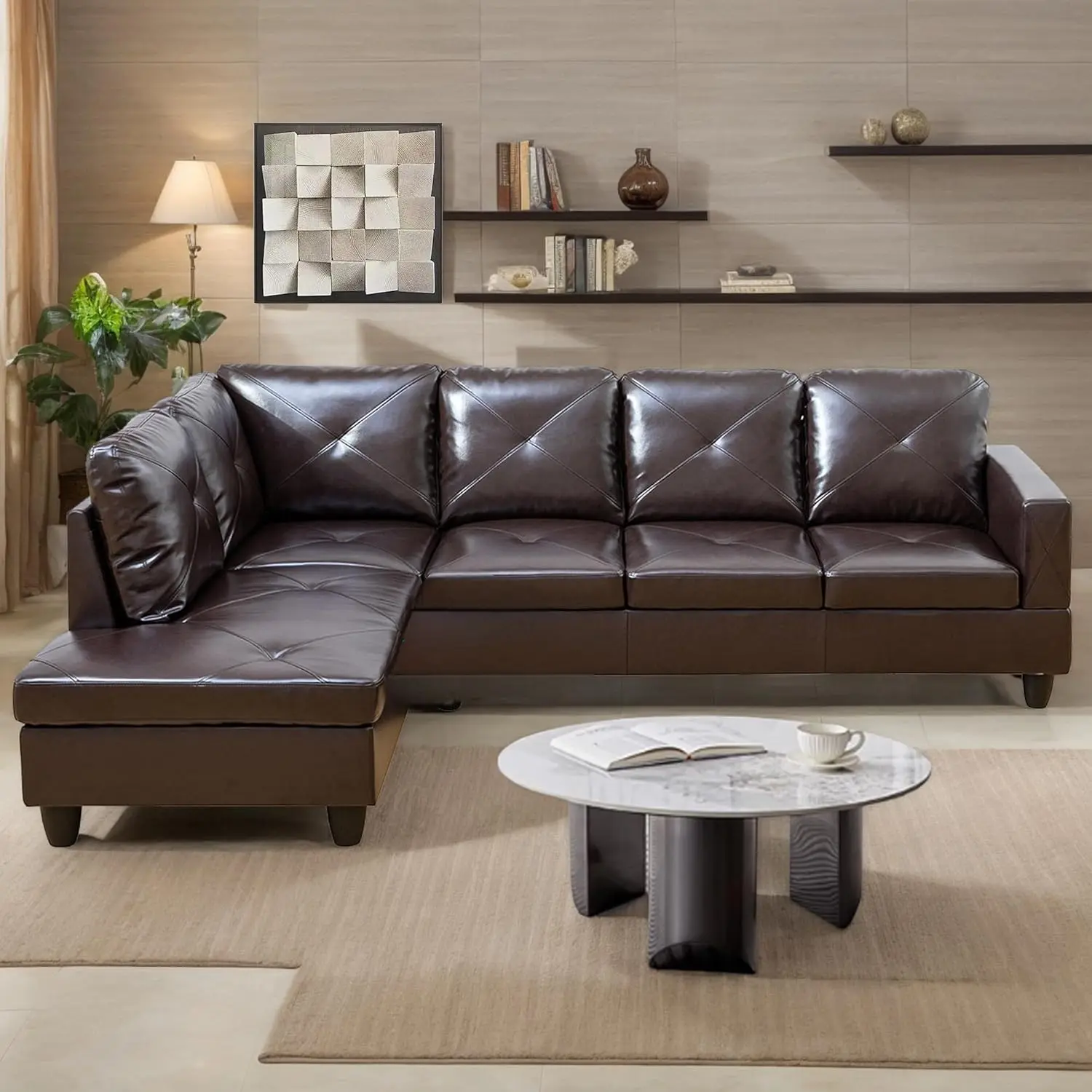 Sectional Couches for Living Room 97" L Shaped Couch Faux Leather 2 Pieces Modular Sectional Sofa with Back Cushions and High Density Sponges for Living Room and Apartment(Faux Leather)