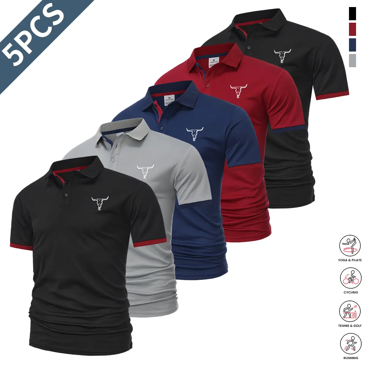 5-piece set: casual men’s short-sleeve polo shirt, quick-dry golf and tennis shirts, comfortable riding apparel, fashionable men’s sportswear; suitable for casual gatherings and holiday travel; contrast design at the neckline and sleeves.,summerwins,fathe