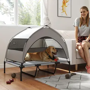 Elevated Dog Bed with Removable Canopy, Portable Outside Raised Pet Cot with Cooling Pad, Storage Bag, 42" x 30" x 37"