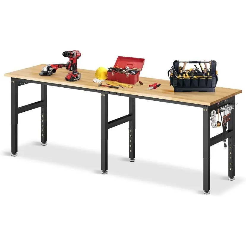MUWOOD Sturdy Adjustable Heavy Duty Rubberwood Metal Frame Rectangular Workbench (96in,84in,72in) - 5000 LBS Capacity, Power Outlet, Pegboard, Easy Setup Home Office Desks Wood Workstation for Garage