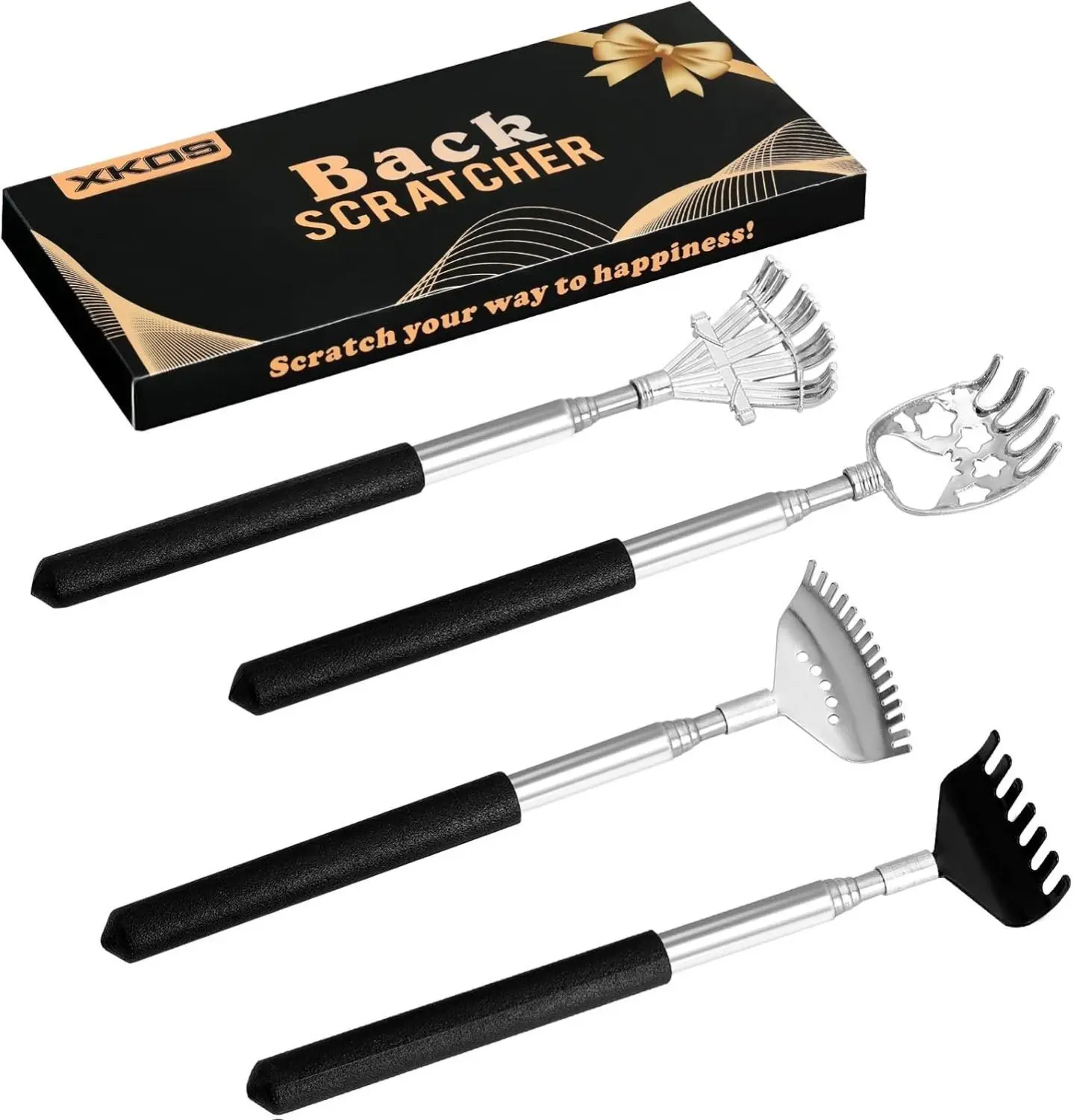 4-Pack Back Scratcher for Itch Relief, Extendable Stainless Steel Manual Massager Gift Set with Rubber Handles and Storage Pouch, 26.7-Inch, Mom, Dad, Grandma, Relaxation, Multi-Pack, 7/15/4 Tooth Rake, Rustproof, Stainless Steel Claws Sturdy, 15-Teeth Ra