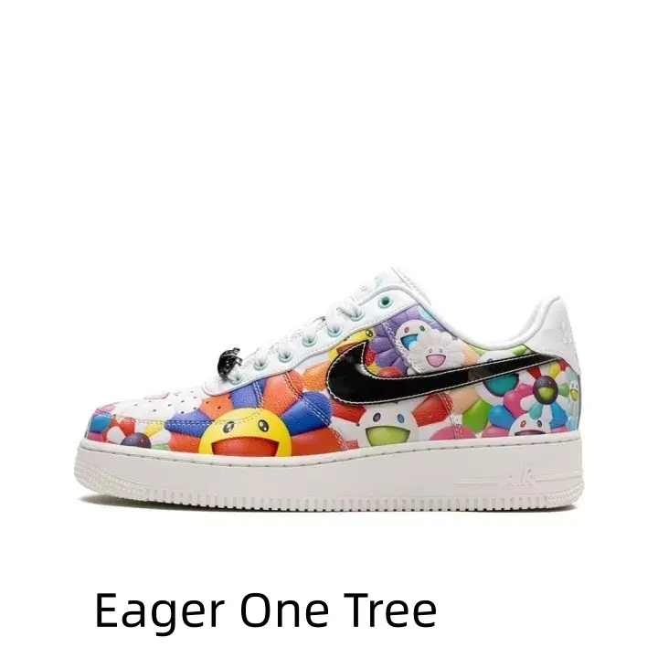 Unisex hip-hop low-top casual sports sneakers with full colorful cartoon flower print leather upper, dark side graphic, perforated breathable toe and shock-absorbing white rubber outsole.