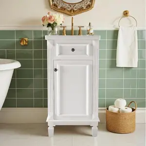 Small Bathroom Vanity with Ceramic Sink - 18" Free Standing Vanity Cabinet, 1-Door Farmhouse Storage with Soft-Close, No Faucet/Mirror Included, Easy Install for Powder Room, Apartment