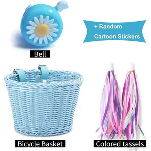 Bike Basket Kid Bicycle Basket Bike Accessories for Girls Boys (1pc Bicycle Bell with Stickers 1pc Kid Bicycle Front Basket and 1pairs Colorful Ribbons Tassels Decoration)