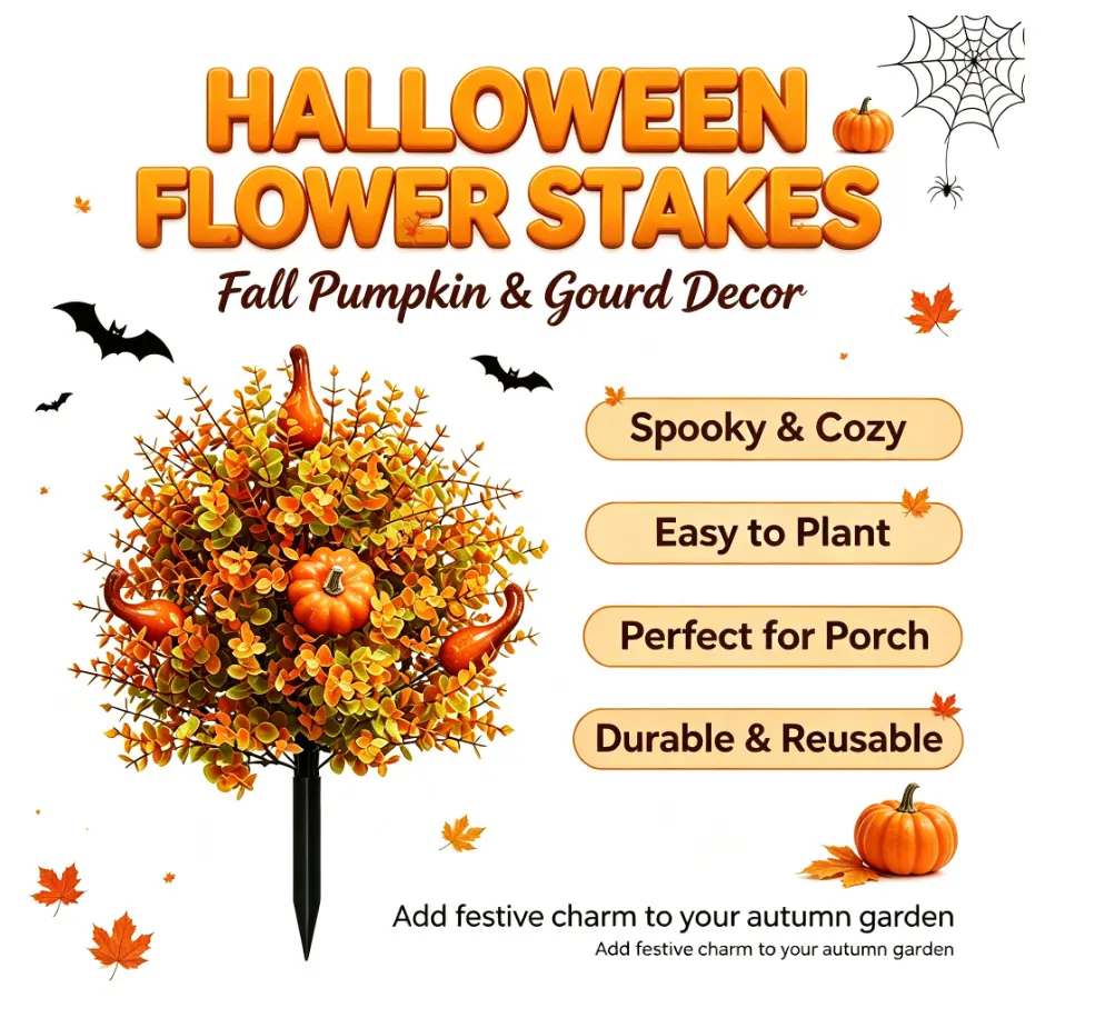 Decorative Artificial Eucalyptus Pick with Orange Pumpkin Gourd Floral Stem - Holiday Fake Flower Bouquet Branch for Front Porch Vase, Pumpkin Centerpiece Thanksgiving Home Decor, Pumpkin Centerpiece Artificial Flowers