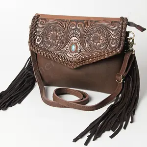 American Darling Western Envelope Bag, Hand Tooled Floral Leather Crossbody with Turquoise Concho & Fringes, 8in (H) X 11in (W)