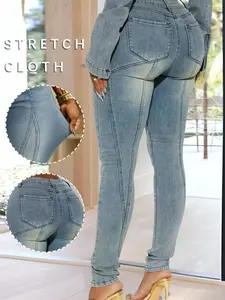 Elengatine Mid Rise Stretch Skinny Jeans - Medium Wash Women's Vintage Light Wash with Contrast Stitch Fit Bottom Fashionable All Seasons Below the Ankle Jeans for Trendy Streetwear and Daily Wear Pants Trouser