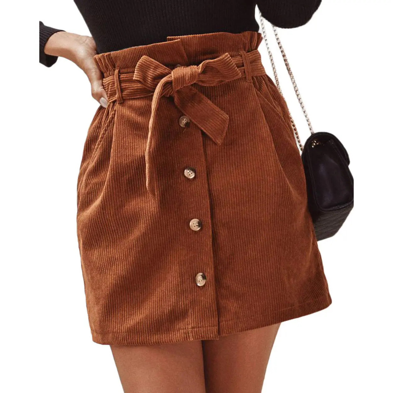 Chouyatou Women's Fall Winter Corduroy High-Waisted Button-Front Mini Skirt with Belt