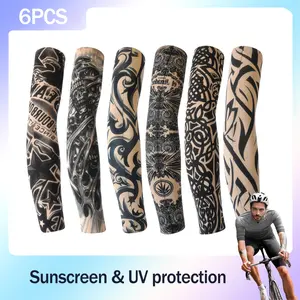 Mens Ice Silk Tattoo Cover Sleeves Full Arm Sun Guard 6 Piece Set Lightweight Seamless UV Protection for Workout Running Cycling