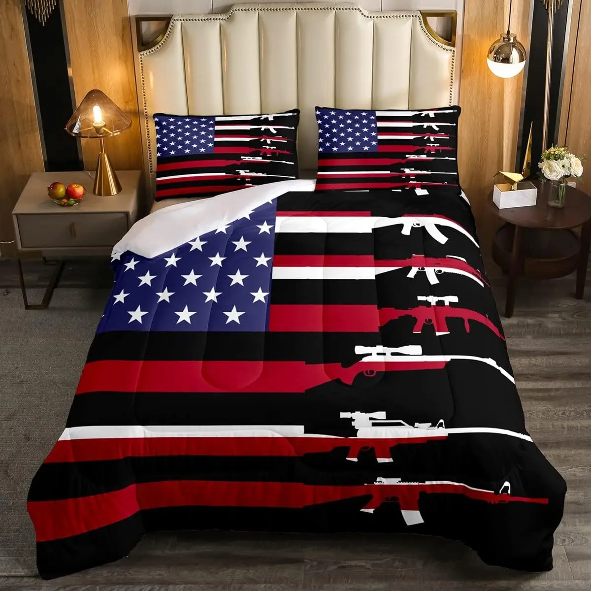Feelyou American Flag Microfiber Breathable Duvet Set - Military Army Rifle Guns Themed Bedding Set with Comfy Decorative Bed Cover for Men, Bed Cover Set