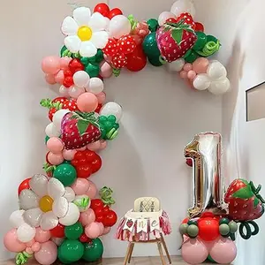 Strawberry Red Light Pink Green White Balloons Arch Kit with Daisy Balloon for Strawberry Party Decor  Girls Birthday berry sweet baby shower decor. Garland