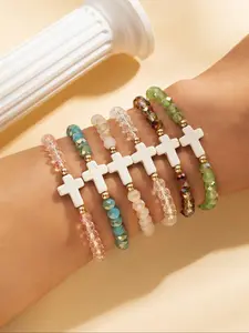 Vintage Elegant Colorful Cross Charm Beaded Bracelet Set, Fashion Elastic Stackable Mix Bracelets for Women & Men, Trendy All-match & Exquisite Jewelry for Birthday Gift