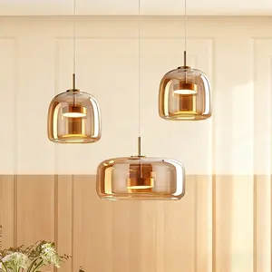 Modern LED Glass Pendant Light, Nordic Minimalist Design, Smoke Amber Color, Warm Light, Ideal for Bedroom Living Room Dining Kitchen