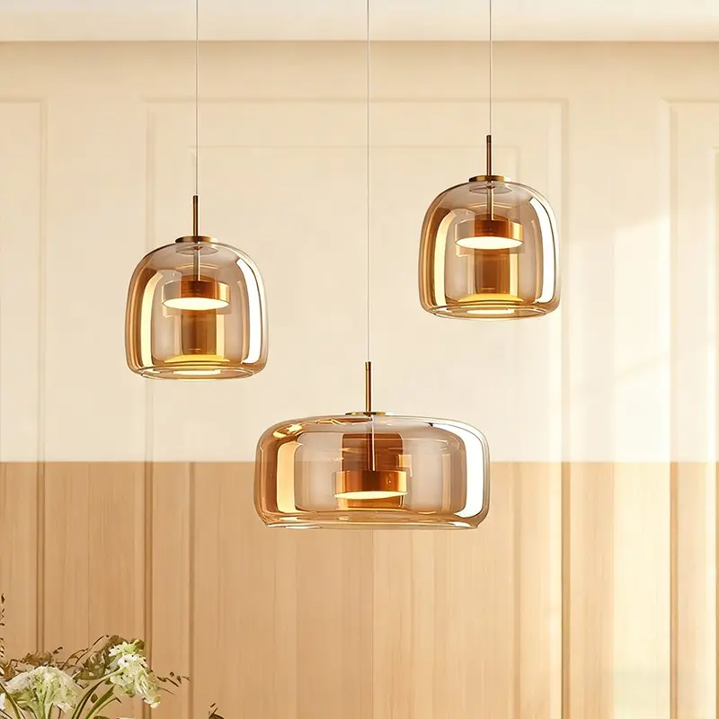 Modern LED Glass Pendant Light, Nordic Minimalist Design, Smoke Amber Color, Warm Light, Modern Mood Lighting, Ideal for Bedroom Living Room Dining Kitchen, Home Decor Lighting, Indoor Lighting