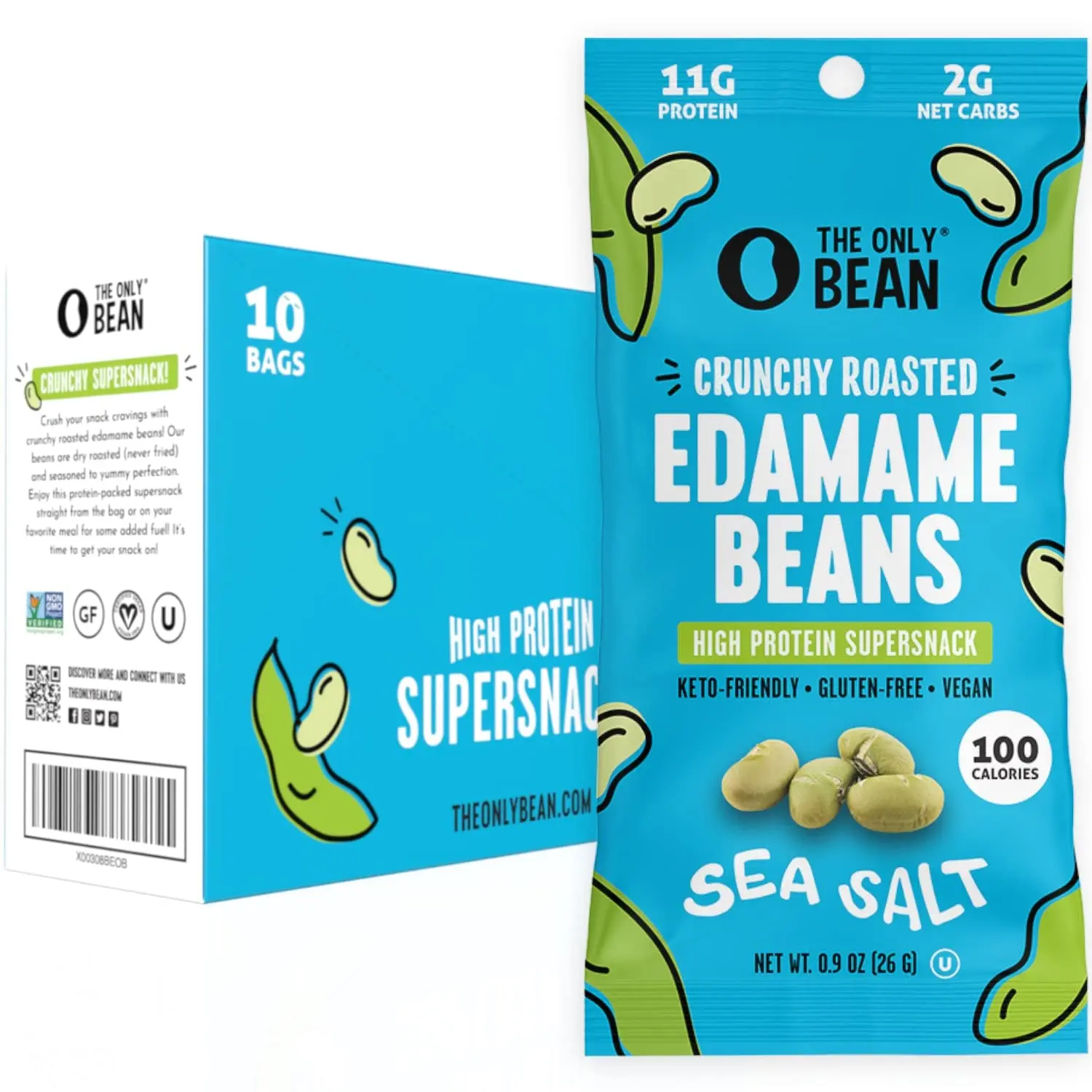(A)The Only Bean Crunchy Dry Roasted Edamame Snacks (Sea Salt), Keto Snack Food, High Protein (11g) Healthy Snacks, Low Carb Gluten Free Office Vegan Food 100 Calorie Snack Pack, 0.9oz 10 Pack