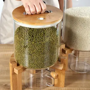 CNCEST Bamboo 5L/7L Grain Rice Dispenser Large Cereal Storage Bottle Dry Food Storage Dispenser Container Glass Kitchen Lid Utensils Food Containers Wooden Home