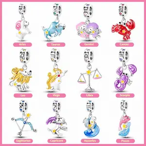 12 Constell Luminous Charms Pisces Aquarius Aries Pendants Zircon for Original for Bracelet DIY Parties Silver Fashion