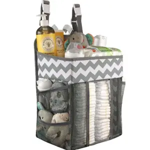 Hanging Diaper Caddy Organizer - Large Nursery Storage for Essential Newborn Baby Items - 2 Compartments, 3 Mesh Pockets - Durable Hooks to Hang on Bassinet, Changing Table, Crib