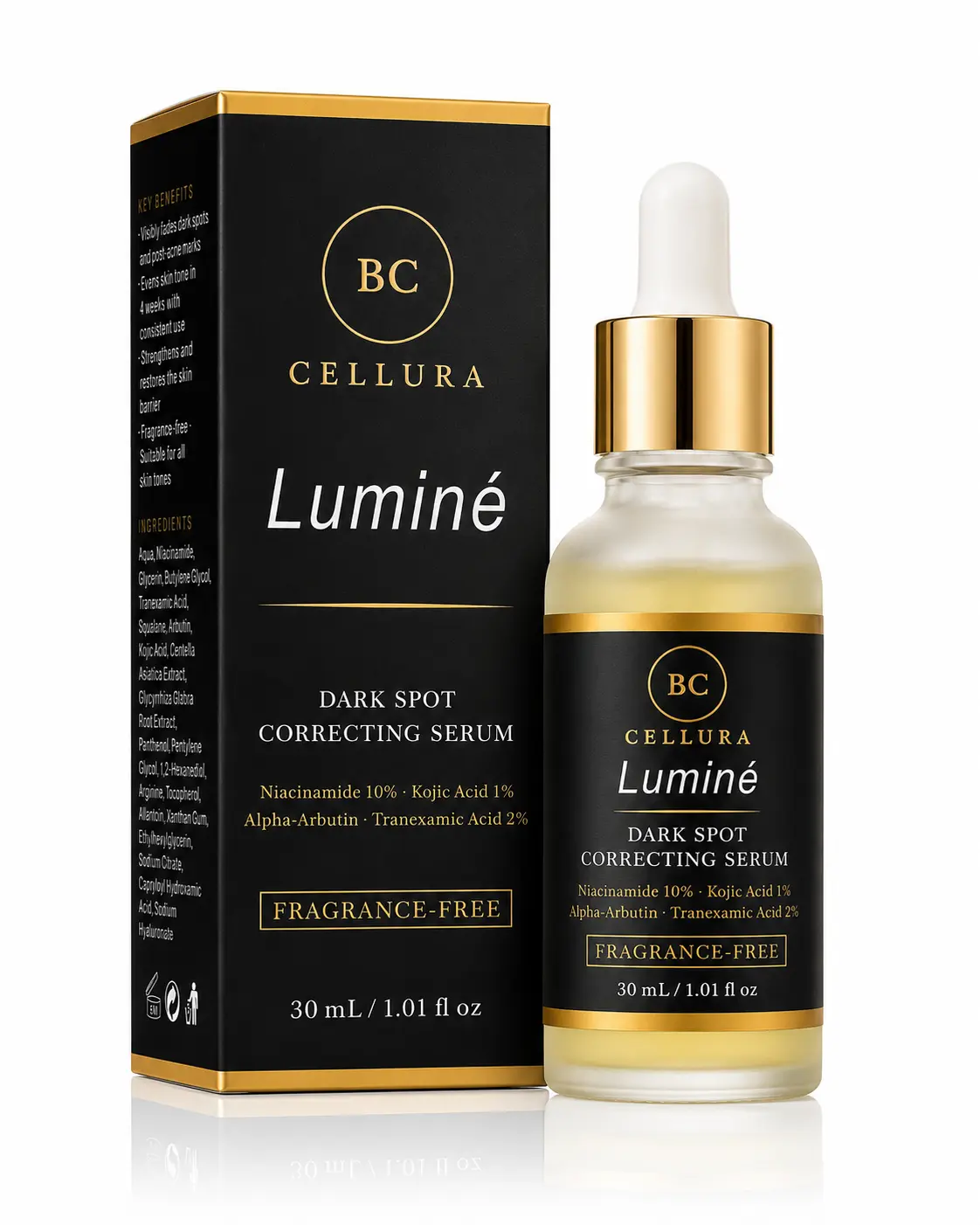 Cellura Luminé Dark Spot Correcting Serum - 30 mL, Infused with Niacinamide, Tranexamic Acid, Alpha-Arbutin, and Kojic Acid for Skincare Brightening