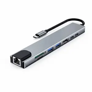 8-in-1 Portable USB-C Hub with 4K HDMI RJ45 Ethernet SD TF Card Reader 3.5mm Headphone Jack 240W Fast Charging PD Port USB 3.0 2.0 Type-C Data Port for iPhone 17 Pro MacBook iPads Type C Ports Type C Adapter