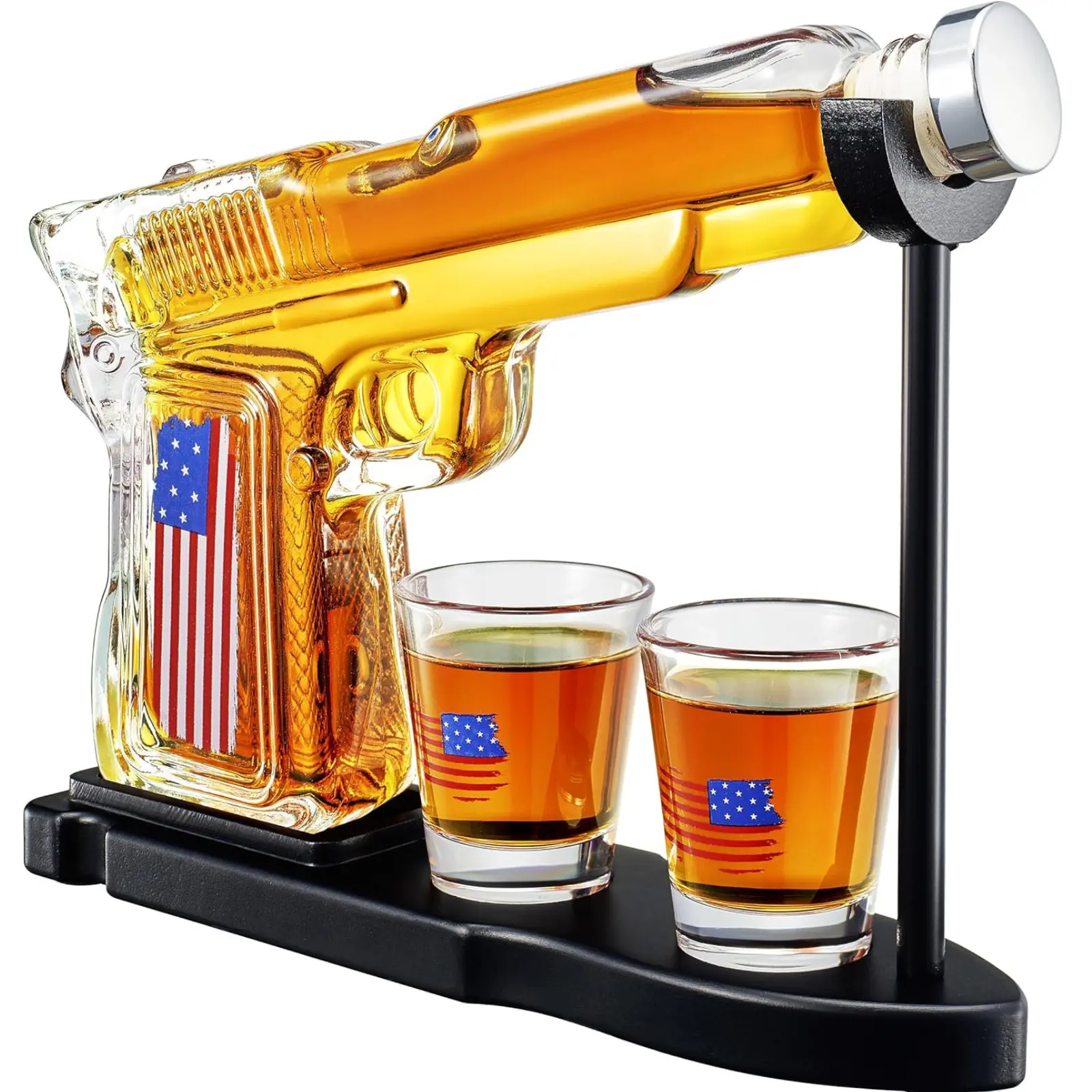 The Wine Savant Gifts for Men Dad, Father Whiskey Decanter Set - 8 Oz w/Two 2 Oz Glasses, American Flag Pistol Gun Anniversary Birthday, Home Bar, Drinking Military Present Dispenser, Husband Gift