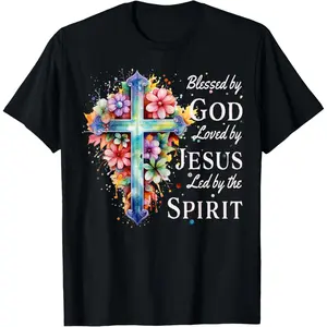 Trek Gear Lab  T-Shirt  Blessed by God Loved by Jesus Floral Cross Christian T-Shirt        Graphic tees Casual Shortsleeve