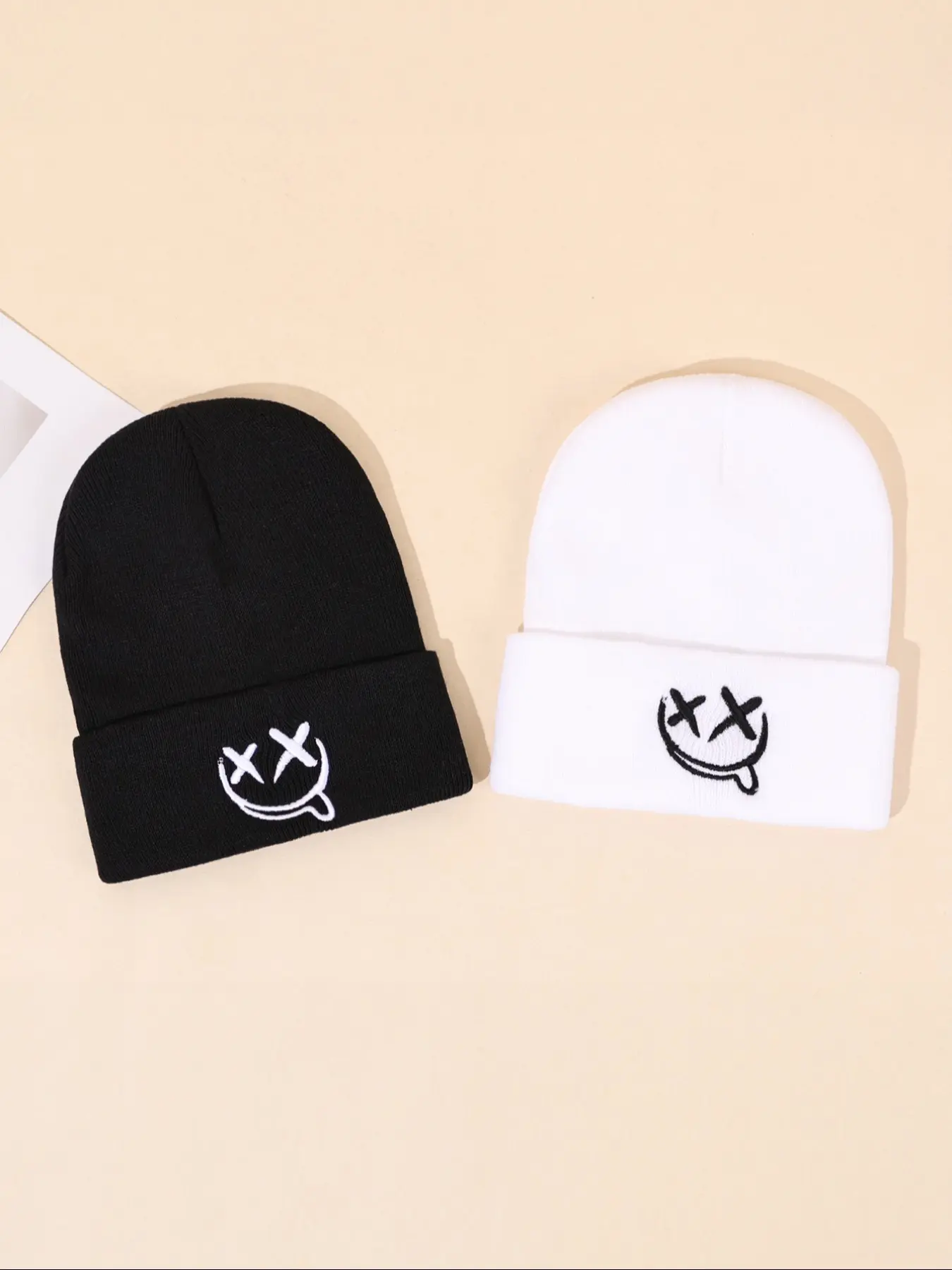 Unisex Knit Beanie Hat Set, Fashion Beanie, Smiling Face Embroidery Design, Fitted Style for Fall & Winter, Perfect Gift for Birthdays & Holidays, Holiday Hats, Birthday Gifts, Cute Beanie Hat