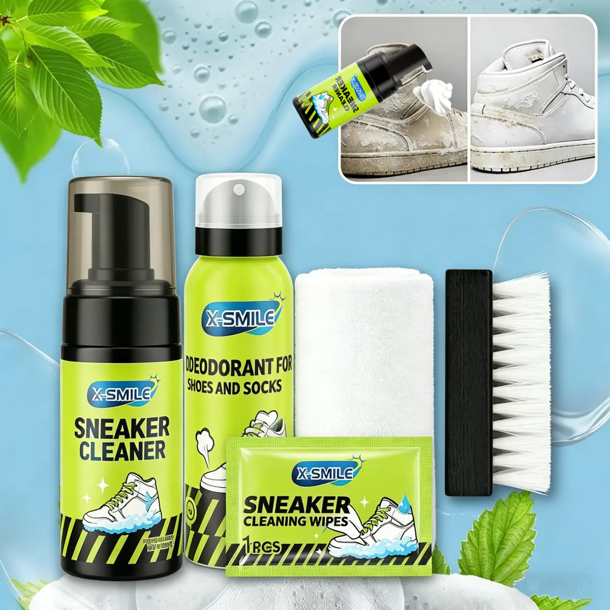 X-SMILE Premium Sneaker Cleaning & Care Set (1 set) — Universal cleaner, odor eliminator, no-rinse stain removal tool, deodorizer + matching brush tools