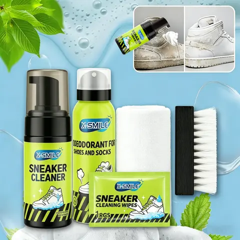 X-SMILE 5-Piece Premium Essential Shoe Care Kit - Footwear Cleaner, No-Rinse Stain Remover, Deodorizing Odor Eliminator, Matching Brush Tools for Daily Use (White Shoes Cleaning Care Included)