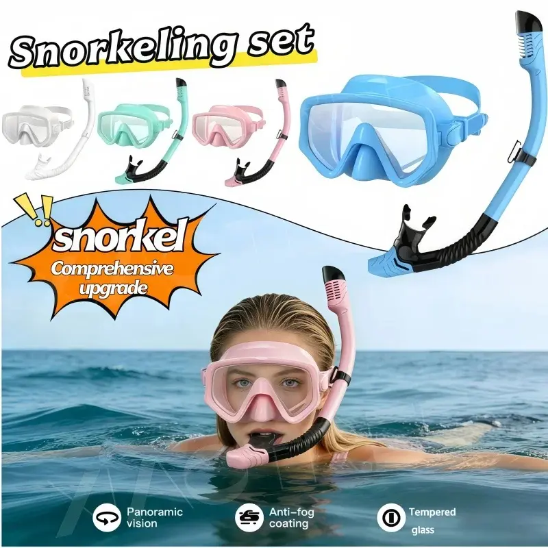 Snorkel Mask Set for Adults, Anti-Fog Leakproof, 180° Panoramic View, Full Dry Snorkel, Easy Breathing, Perfect for Beach Vacation & Diving