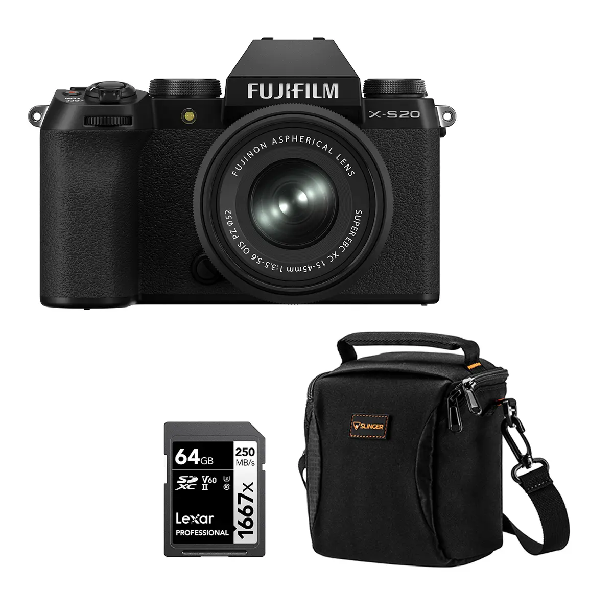 Fujifilm X-S20 Mirrorless Camera with XC 15-45mm f/3.5-5.6 OIS PZ Lens, Black, Bundle with 64GB Memory Card and Shoulder Bag