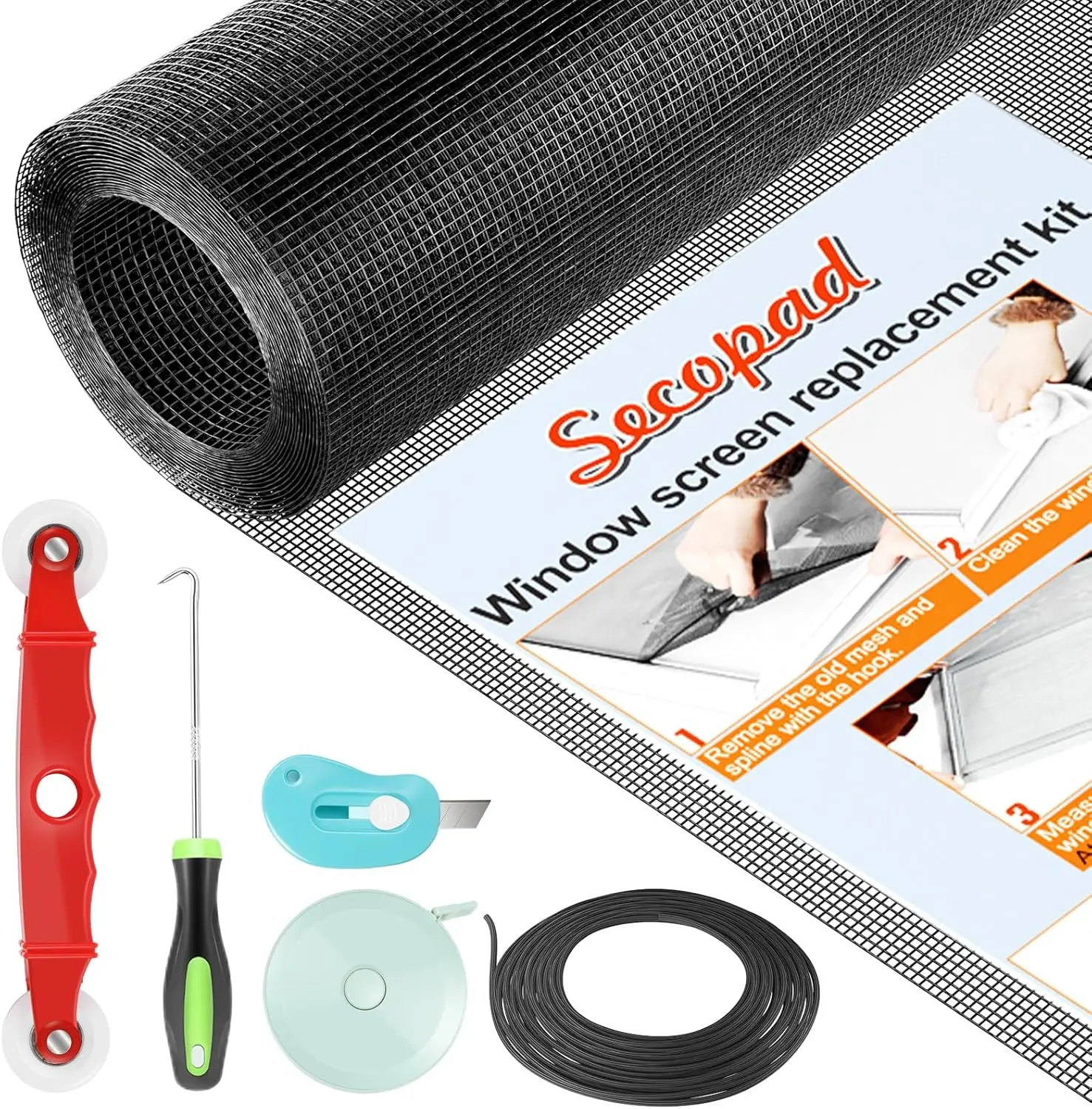 Window Screen Door Repair Kit, 39" x 78" Screen Door Mesh Replacement Kit, Durable Fiberglass Mesh Roll with Tools for Windows Doors Patio and Porch Replacement, Black