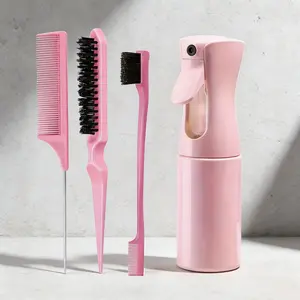 Four-Piece Hair Styling Tool Set, Home Hair Kit, Includes 200ML Spray Bottle, Hook-Tip Tail Comb, Edge Control Brush, Nylon Hair Brush, Suitable for All Hair Types, Haircare