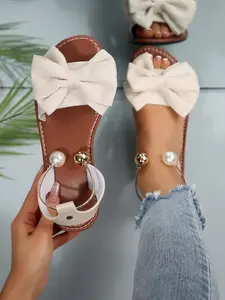 New Loose Flat Women's Sandals with Bow Decor, Plus Size Available, Perfect Toe-Exposed Style for Summer and Beach, Trendy Sandals