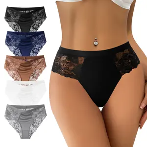 QUASTI Women's 5-Pack High Rise Cheeky Lace Underwear Sets - Silky, Elastic, Comfortable Seamless Soft Translucent Briefs, Anti-Roll Edge Skin-Friendly High Cut Style Daily Wear, S-XXL