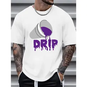 Men's Classic Cotton Garment, White Casual Graphic Shortsleeve T-Shirt with Purple Liquid Drip Print and DRIP Text, Summer Round Neck, Machine Washable Regular Fit, Menswear Everyday Streetwear, Modern Edgy Comfortable Top