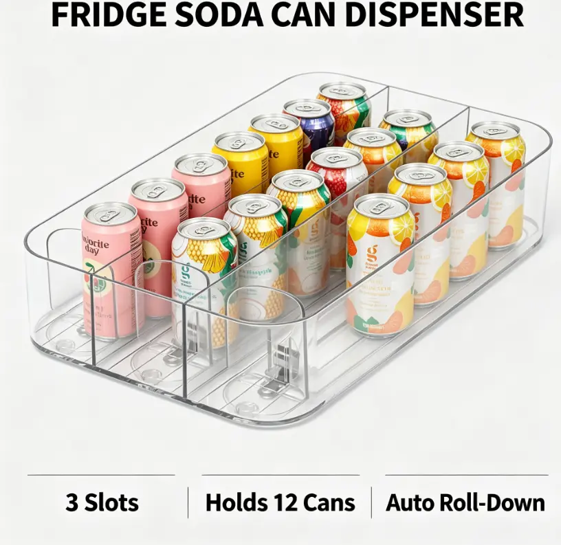 Fridge Drink Organizer with Auto Pusher, Beverage Can Dispenser for Soda, Water & Refrigerator Storage