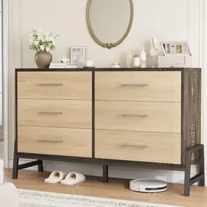 Freestanding 52 Inch Wide Dresser with 6 Large Storage Drawers Closet and Color of Brown and Oak Storage Dresser Chest for Living Room and Bedroom and Entryway