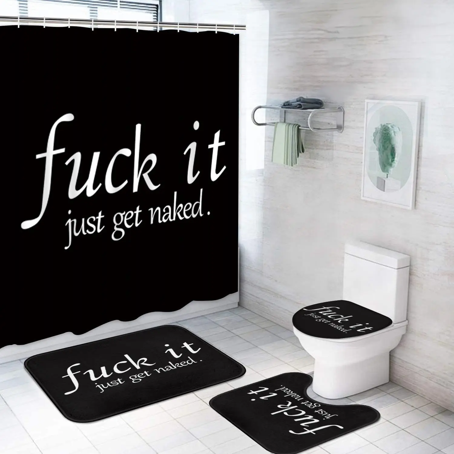 1/4PC Funny Get Naked Shower Curtain Sets Bathroom Decor with Rugs, Non-Slip Rug,Toilet Lid Cover, Bath Mat and 12/24 Hooks