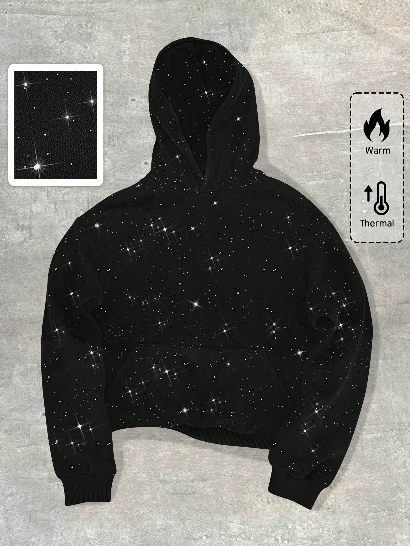 RT Men's Casual Sequin Graphic Shiny Long Sleeve Pocket Loose Hoodie Y2K Streetwear Hip Hop Trendy Aesthetic