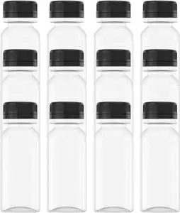 12 Pcs 2 OZ Mini Plastic Juice Bottles, Reusable Bulk Beverage Containers, Comes Black lid, for Juice, Milk and Other Beverages.