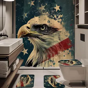 1/4pc pentagram eagle pattern bathroom set, The 4-piece set includes a single shower curtain, anti slip floor mat, toilet U-shaped mat, toilet lid mat, with shower curtain hook, and belongs to bathroom decoration products
