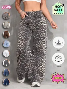 Women's High Waist Leopard Print Denim Jeans Pants, Loose Fit Micro Flare Jeans, Casual Street Style for Daily Wear, Party, Holiday