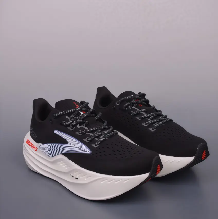 Black Upper Silver Logo White Thick Cushion Perforated Knit Running Shoes, Brooks Max Shock Absorb Marathon Trainers, Breathable Anti-Slip Long Distance Road Sneakers For Men Women Jogging