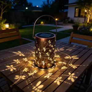 Vintage Solar Outdoor Hanging Lamp, Metal Hollow LED Projection Lantern, Waterproof Dragonfly Style Decorative Solar Light