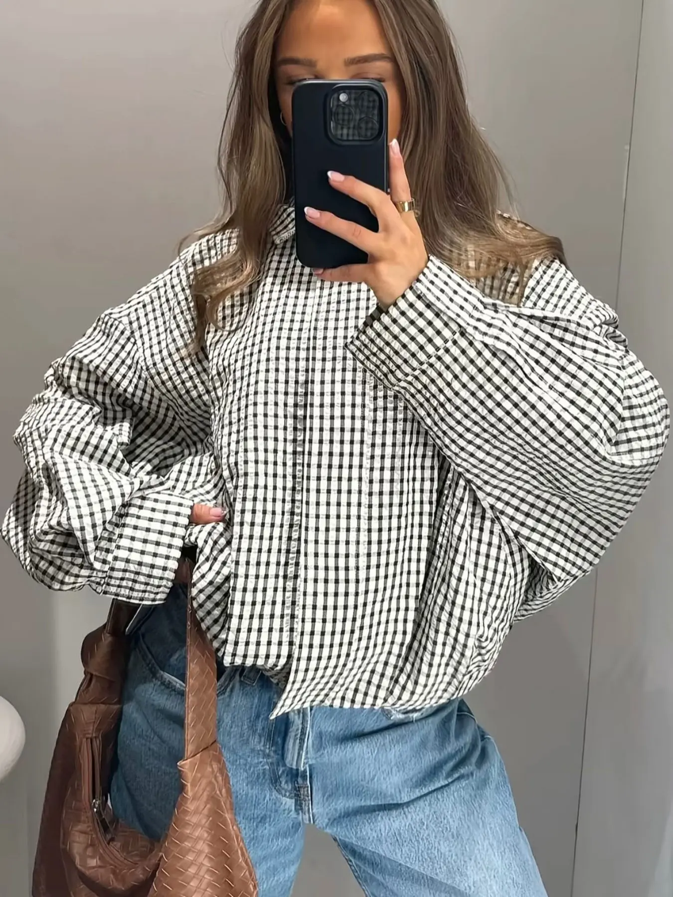 Plaid Oversized Jacket Women's Bomber Jacket Outerwear With Pockets Plaid Checked Outerwear Spring Autumn Black & White Check Long Sleeve Top Cropped Stand Collar Zip 2026 New Loose Oversized Fit Side Pockets Daily Wear Street Style Office Casual Top