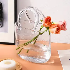 Superlele Glass Purse Vase for Flowers, Decorative Flower Vase, Fish Bowl with Bubbles, Clear Bag Vase with Handle, 7.7x3.9x10.4in, Wedding Table Decorations