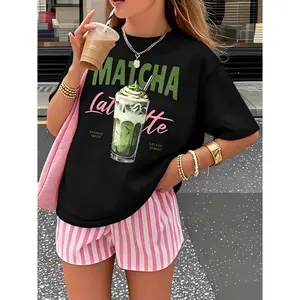 Matcha Latte Graphic Tee Women Oversized Crewneck Short Sleeve Soft Cotton Casual Summer Streetwear Trendy Coffee Lover Outfit Gift