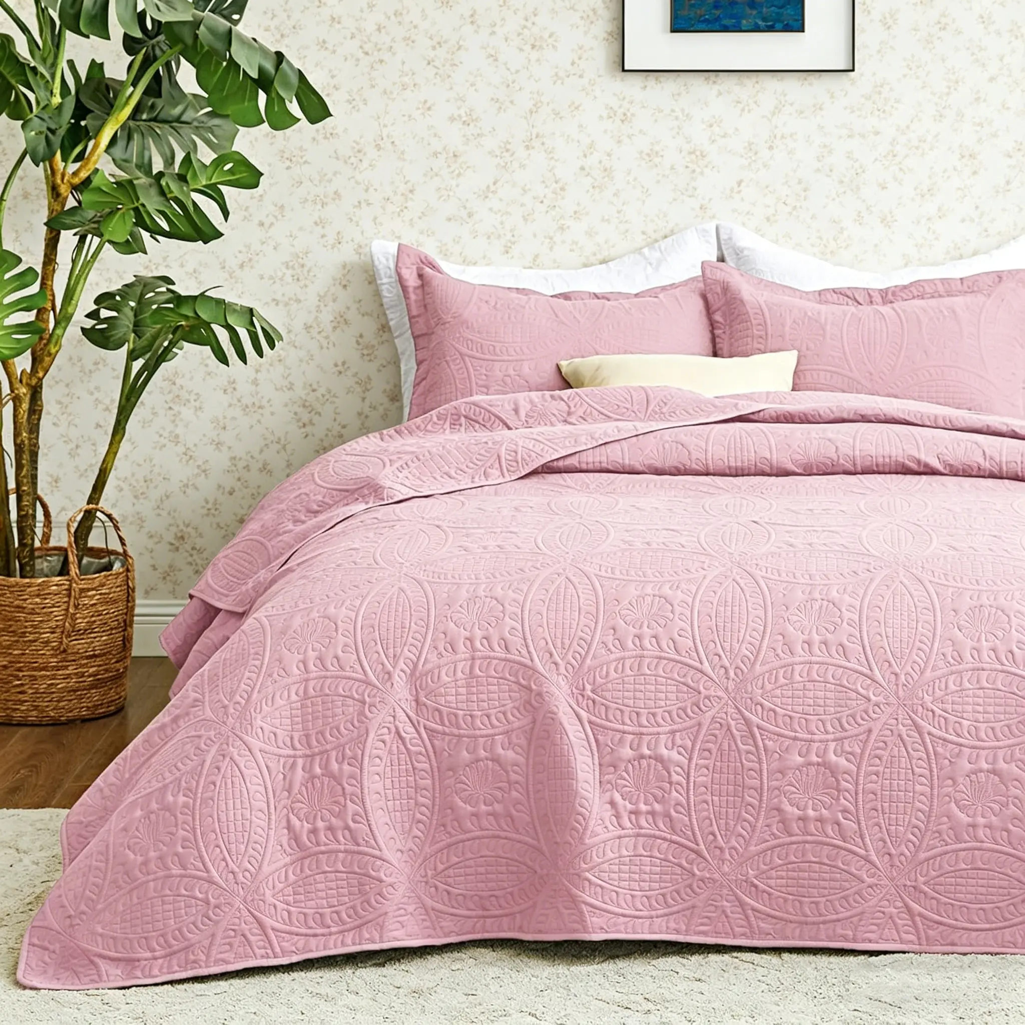 Super Queen-Sized 3-Piece Cotton Bedding Set - Brushed 100% Filling Durable Quilt, Soft Lightweight Bed Cover, 2 Pillowcases, Fashionable Modern Coin Print, All-Seasons Use